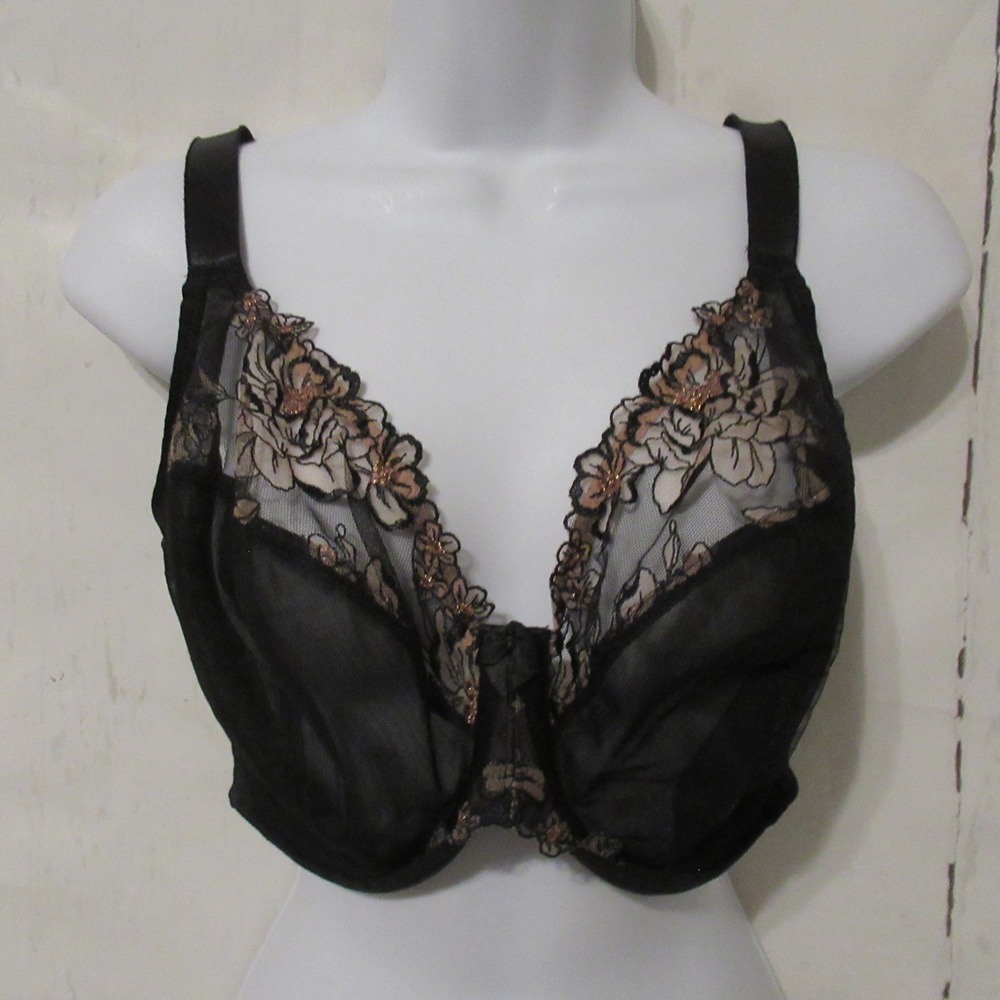 Elomi Bra 32L Teagan Plunge Black Lace Underwire Back Closure